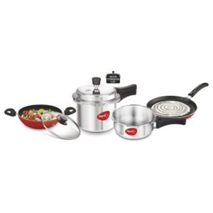 starter kit: 3.5 litre + 5 litre pressure cooker, 240mm fry pan, 250mm tawa, 240mm kadai with glass lid