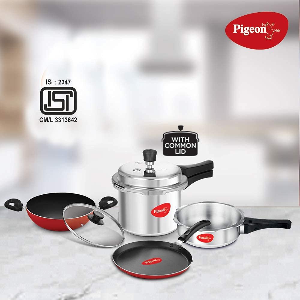 starter kit: 3.5 litre + 5 litre pressure cooker, 240mm fry pan, 250mm tawa, 240mm kadai with glass lid starter kit: 3.5 litre + 5 litre pressure cooker, 240mm fry pan, 250mm tawa, 240mm kadai with glass lid