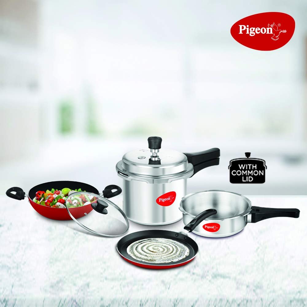 starter kit: 3.5 litre + 5 litre pressure cooker, 240mm fry pan, 250mm tawa, 240mm kadai with glass lid starter kit: 3.5 litre + 5 litre pressure cooker, 240mm fry pan, 250mm tawa, 240mm kadai with glass lid