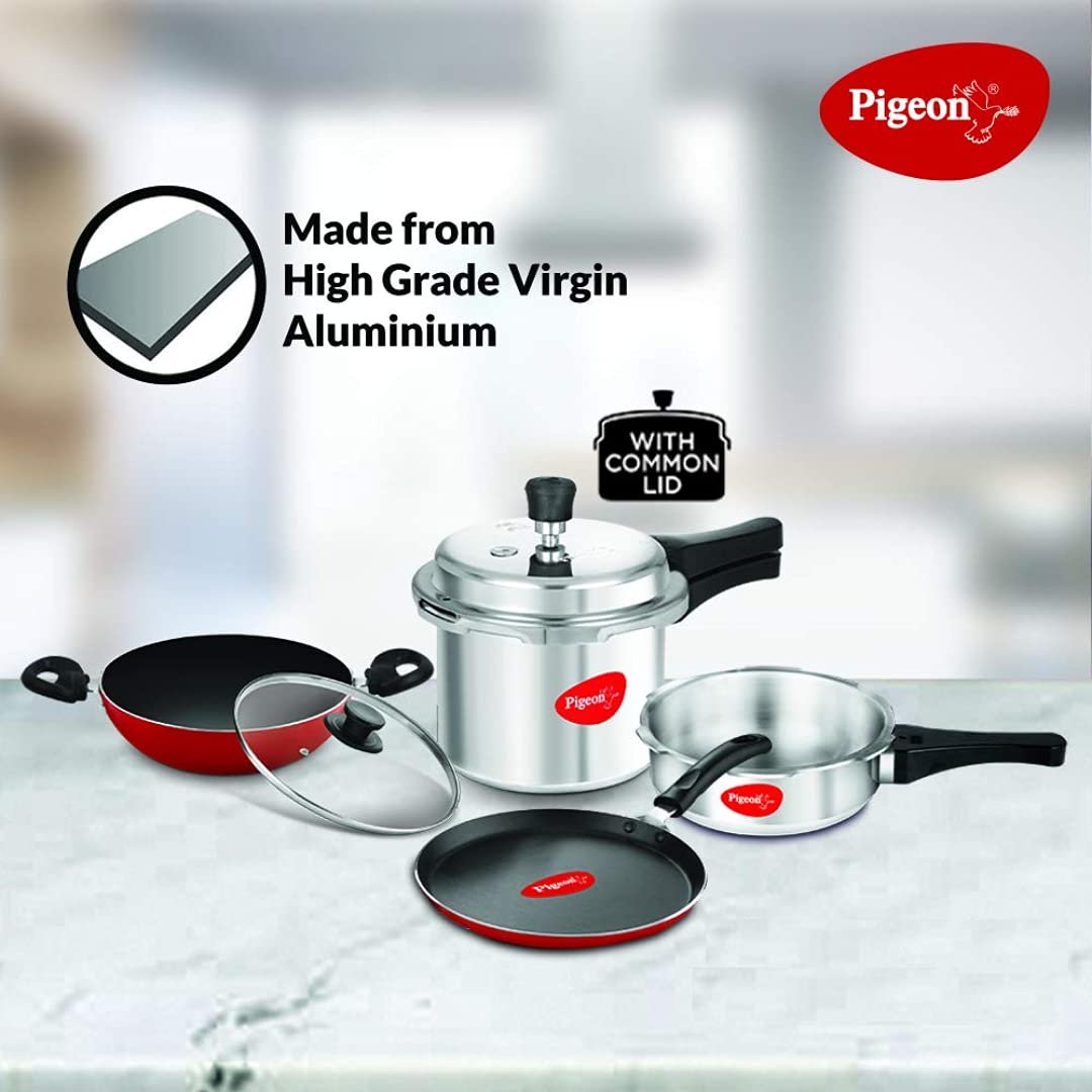 starter kit: 3.5 litre + 5 litre pressure cooker, 240mm fry pan, 250mm tawa, 240mm kadai with glass lid starter kit: 3.5 litre + 5 litre pressure cooker, 240mm fry pan, 250mm tawa, 240mm kadai with glass lid