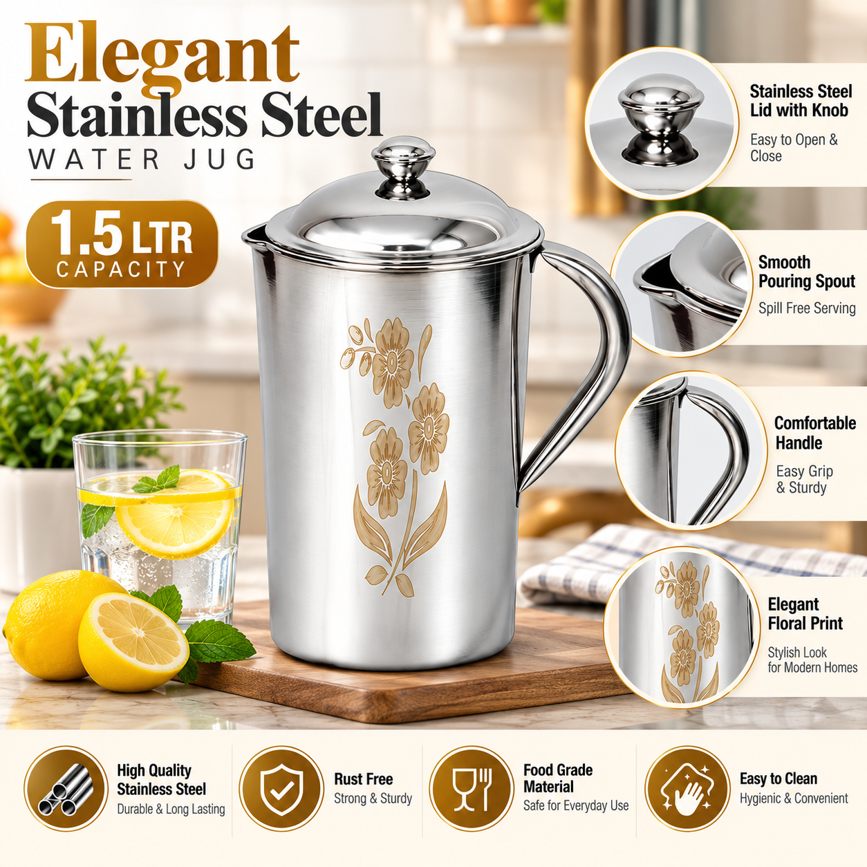 elegant floral stainless steel water jug elegant floral stainless steel water jug
